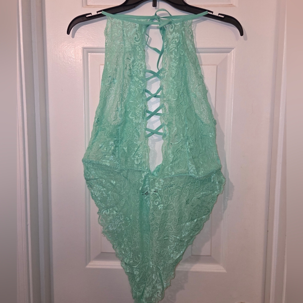 Lace Halter Teddy Bodysuit in Mint Green